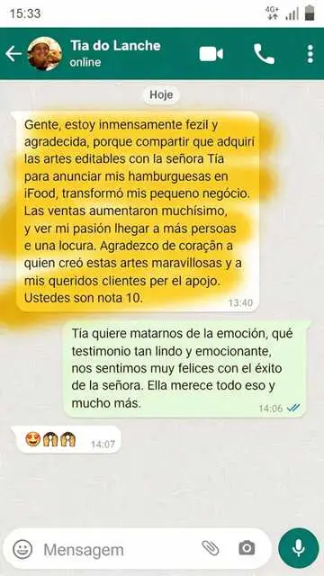 Testimonio de cliente en WhatsApp sobre los diseños editables