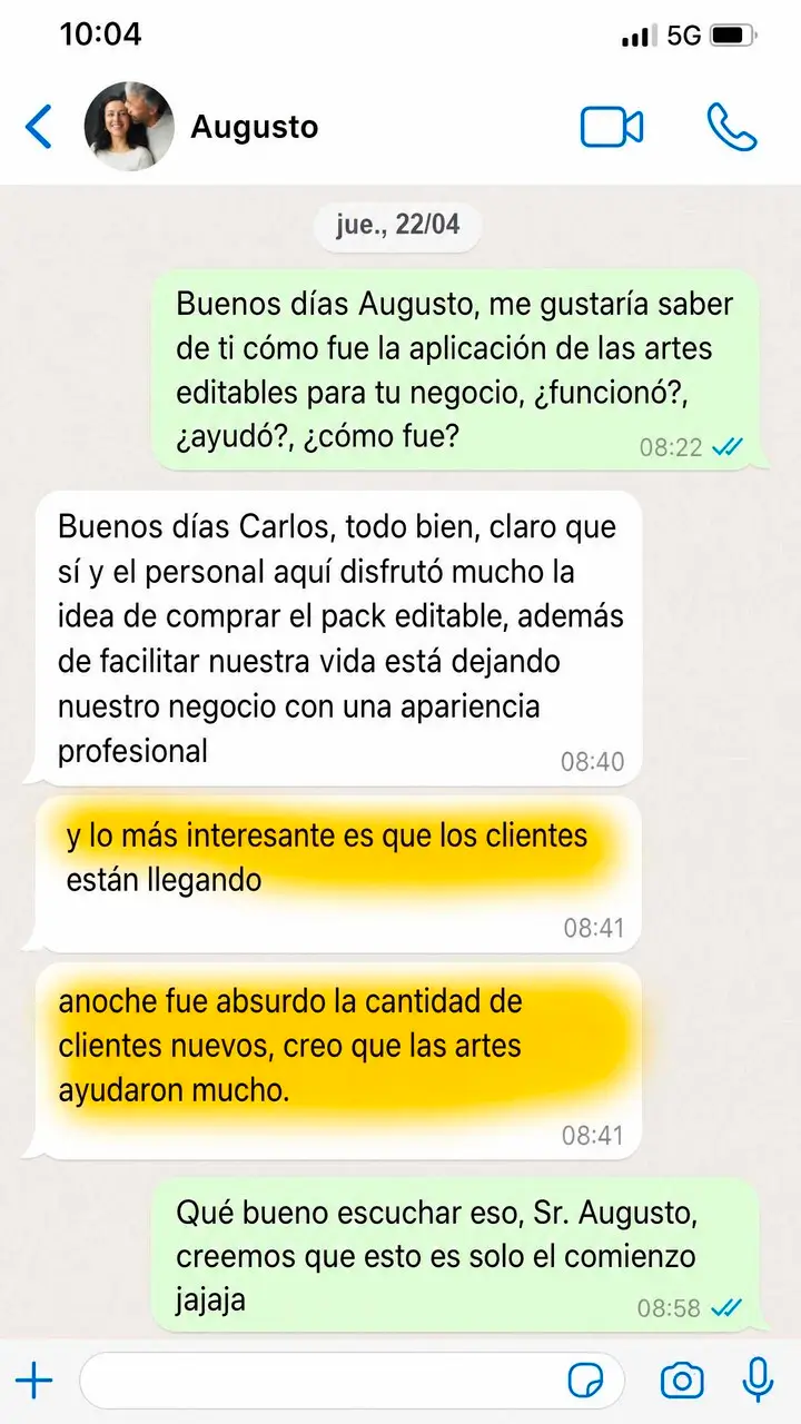 Testimonio de Augusto sobre nuevos clientes tras usar el pack