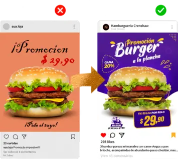 Comparación entre una publicación amateur y un diseño profesional del pack editable